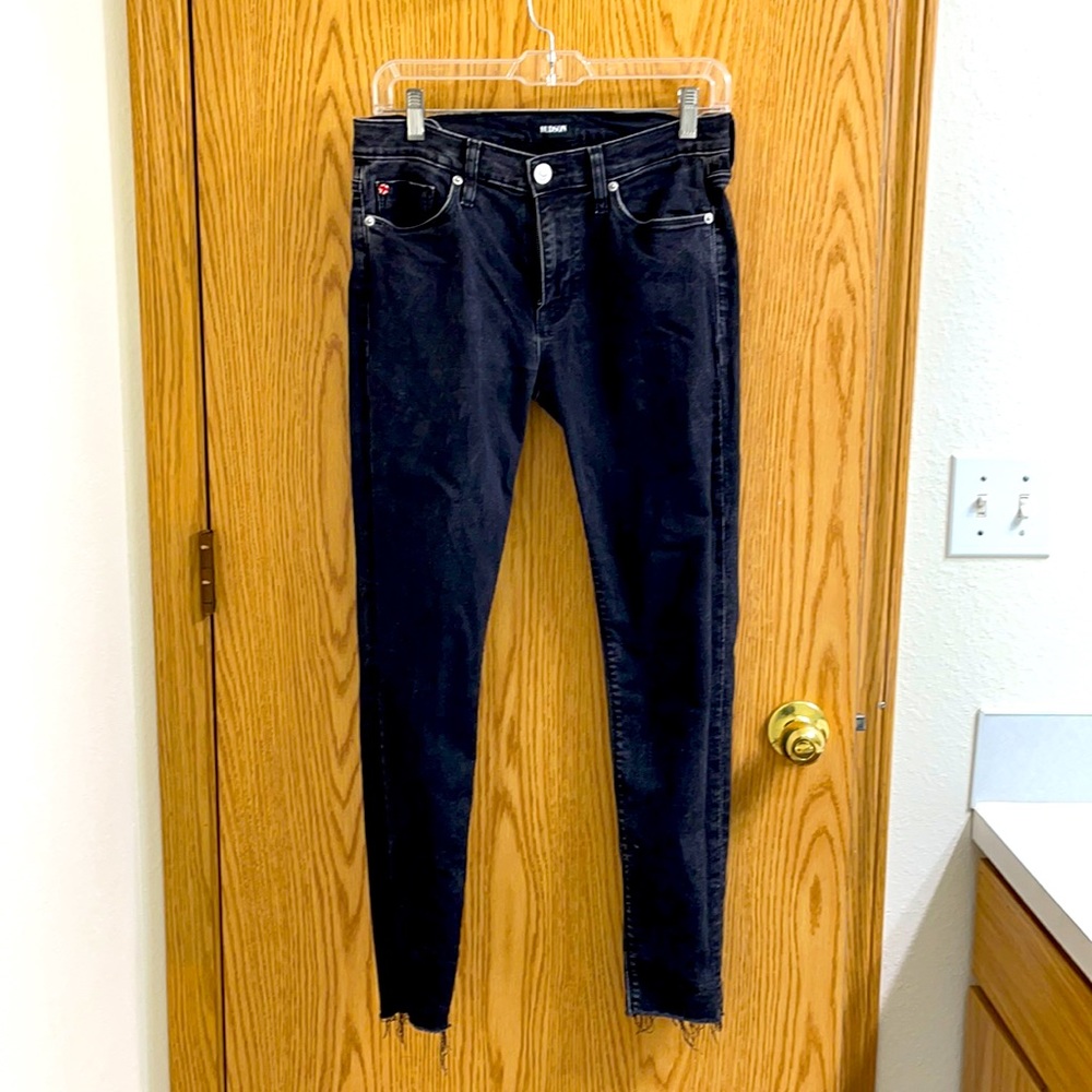 Hudson Jeans “Natalie Super Skinny” in black wash, raw hem, size 27